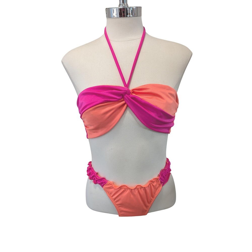 Peixoto Pink Orange Ruffle Bandeau Halter‎ Bikini Set Small New NWT